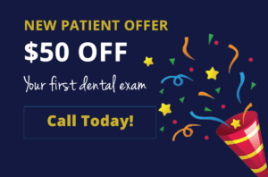$50 off first dental exam with a new patient offer, call today.