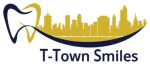 Tooth logo with city skyline and text.